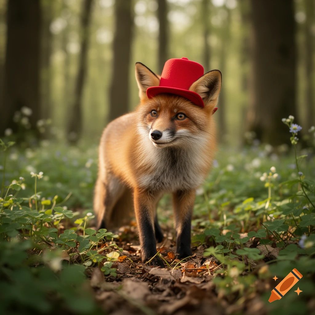 A photorealistic red fox wearing a red top hat stands in a forest ...
