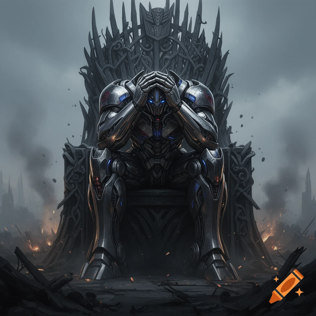 Megatron-like robot sits on an iron throne, head in hands, in a desolate, war-torn landscape.