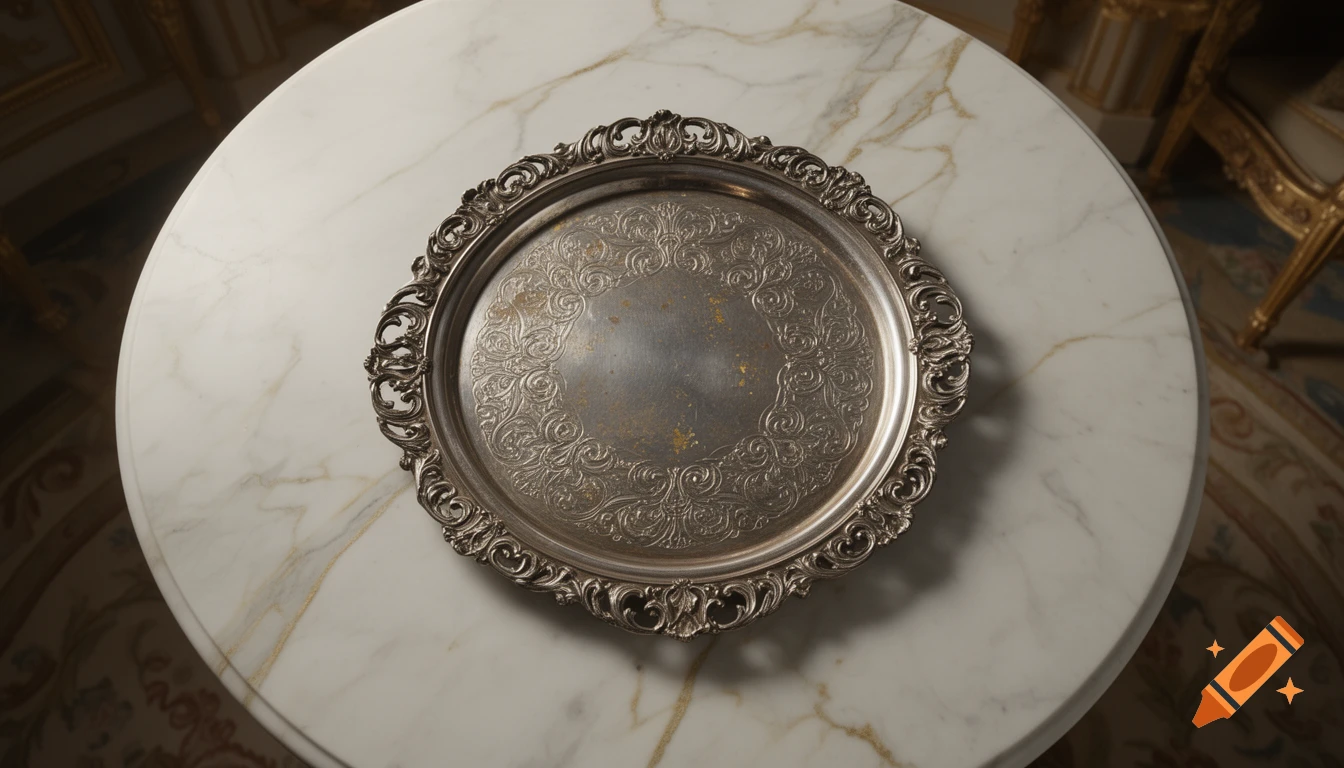 Ornate vintage silver tray with intricate patterns sits on a luxurious white marble tabletop in a Rococo Versailles style room.