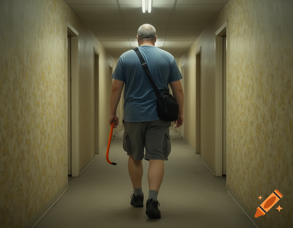 Man from behind walks down a long, dimly lit hallway with yellow textured wallpaper, holding an orange crowbar.