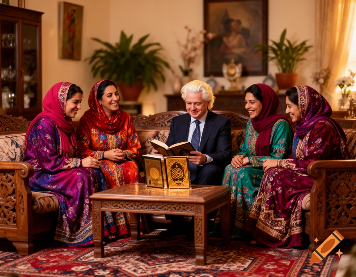 Geert Wilders sits on a couch, reading a book, surrounded by four smiling women in colorful traditional attire in a living room.