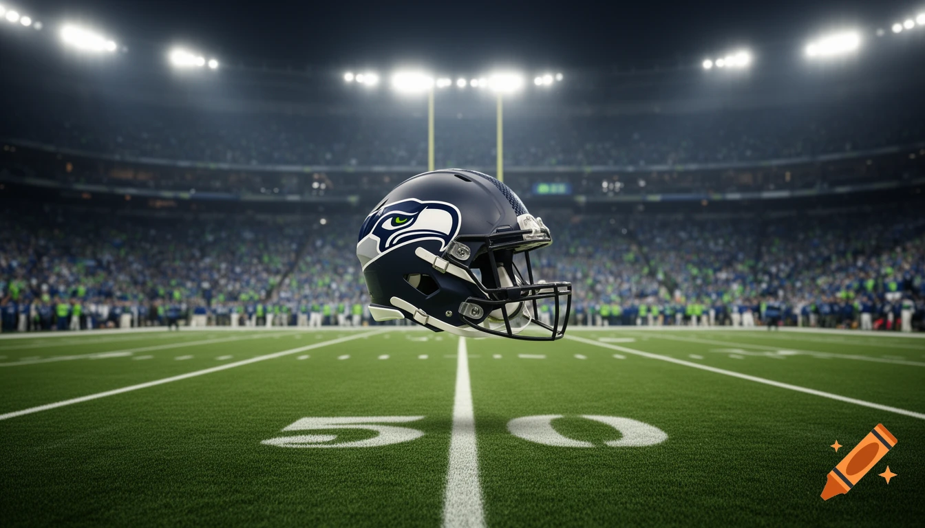 A Seattle Seahawks helmet floats above the 50-yard line on a green football field, with a crowded stadium under bright lights at night.