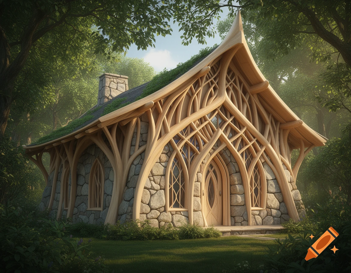 An elvish fantasy house made of light wood and natural stone, with a green roof, in a lush forest.