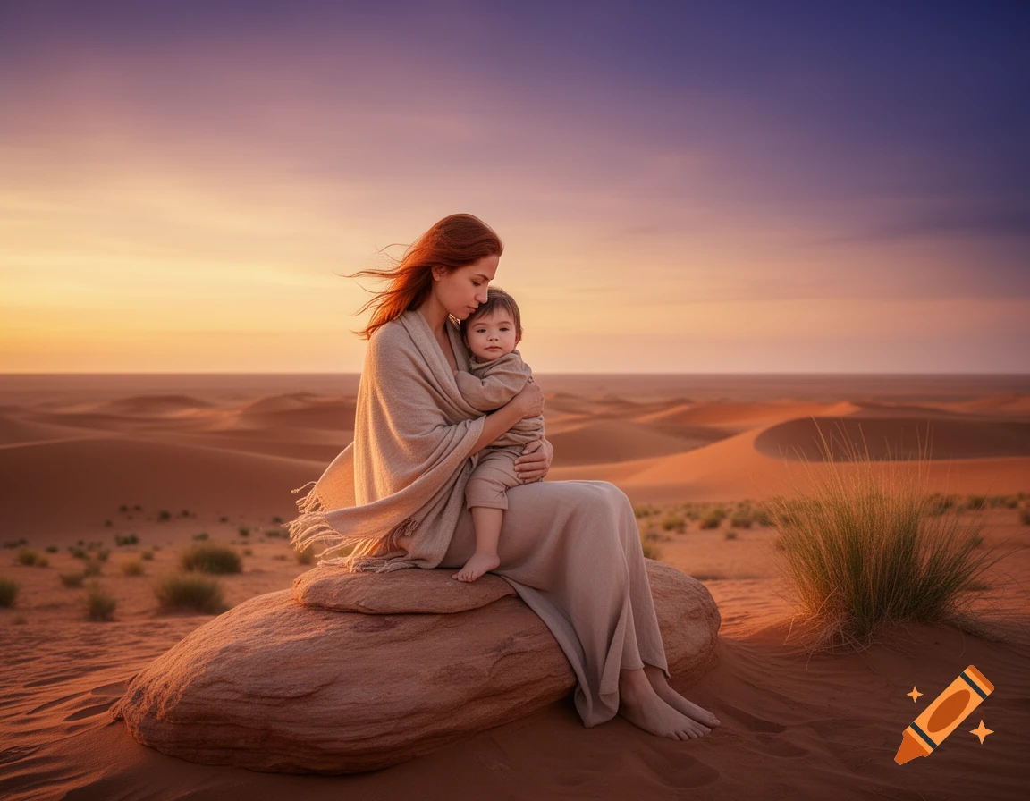 A mother holding her child, sitting on a rock in a vast desert landscape at sunset, photorealistic.
