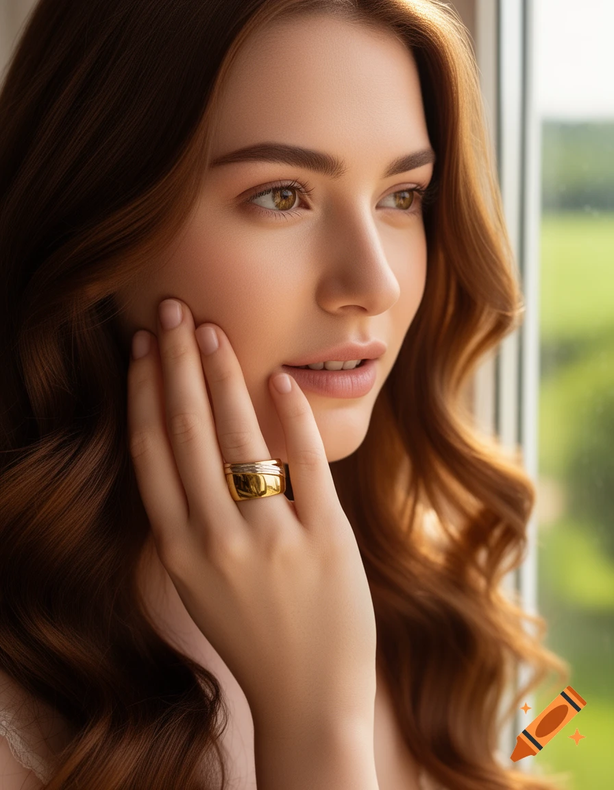 Photorealistic close-up of a young woman with reddish-brown hair and a wide golden ring, looking out a window.