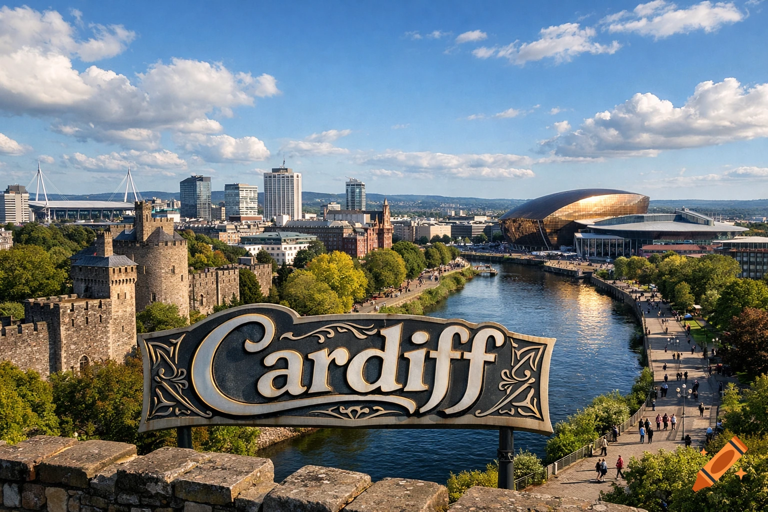 An aerial view of Cardiff, Wales, with a prominent sign reading ...