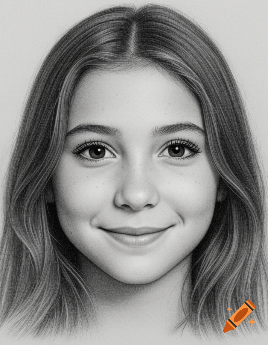 A realistic pencil drawing portrait of a smiling young girl with long hair and freckles.