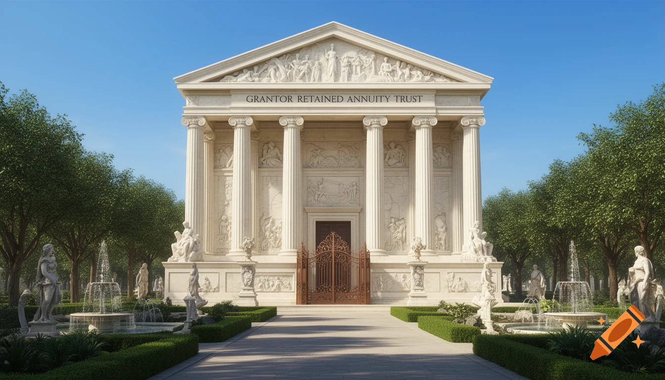 A photorealistic classical white marble building with columns and pediment, surrounded by a manicured garden with fountains and statues under a clear blue sky.