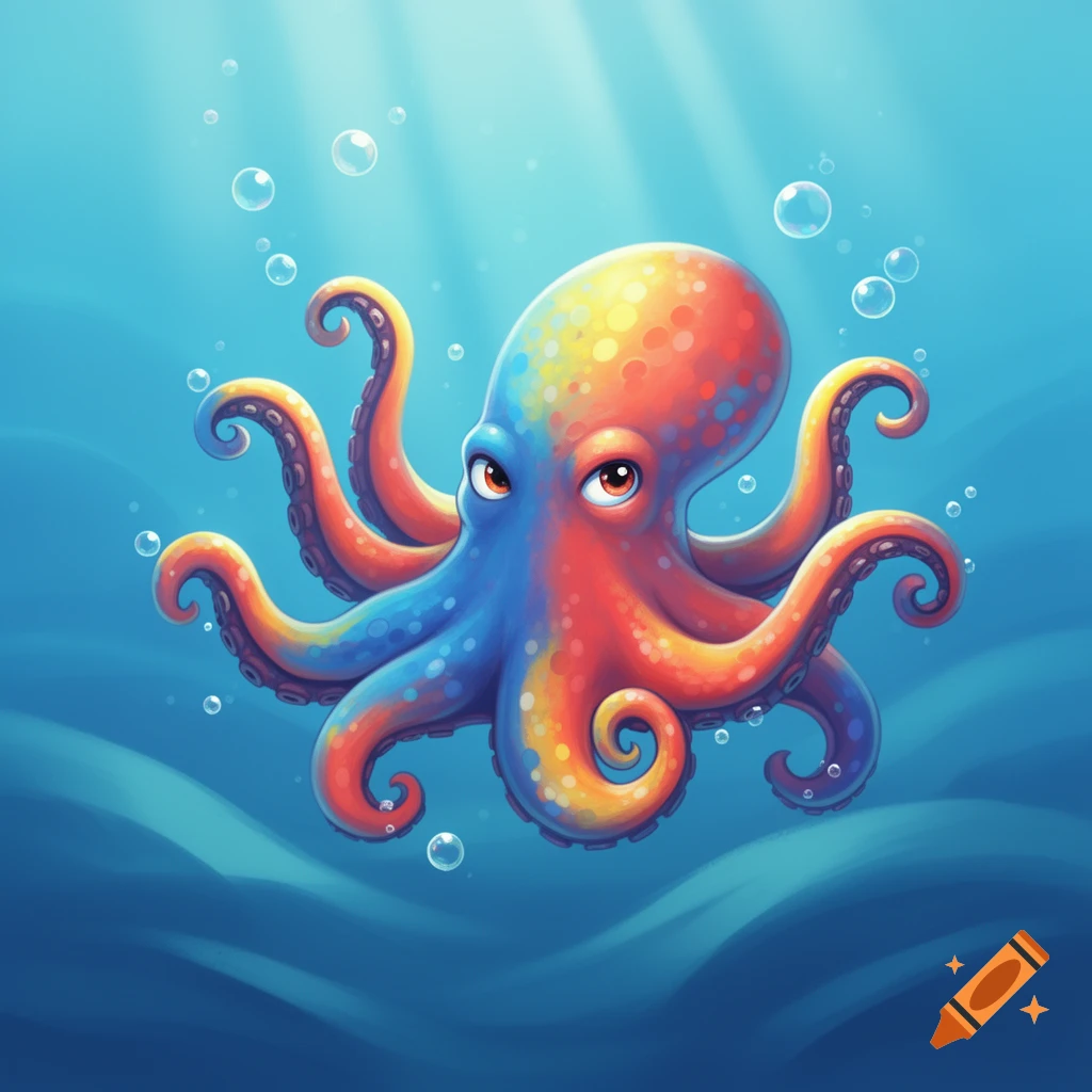 A vibrant, colorful cartoon octopus with large eyes swims in clear blue water with bubbles and light rays.