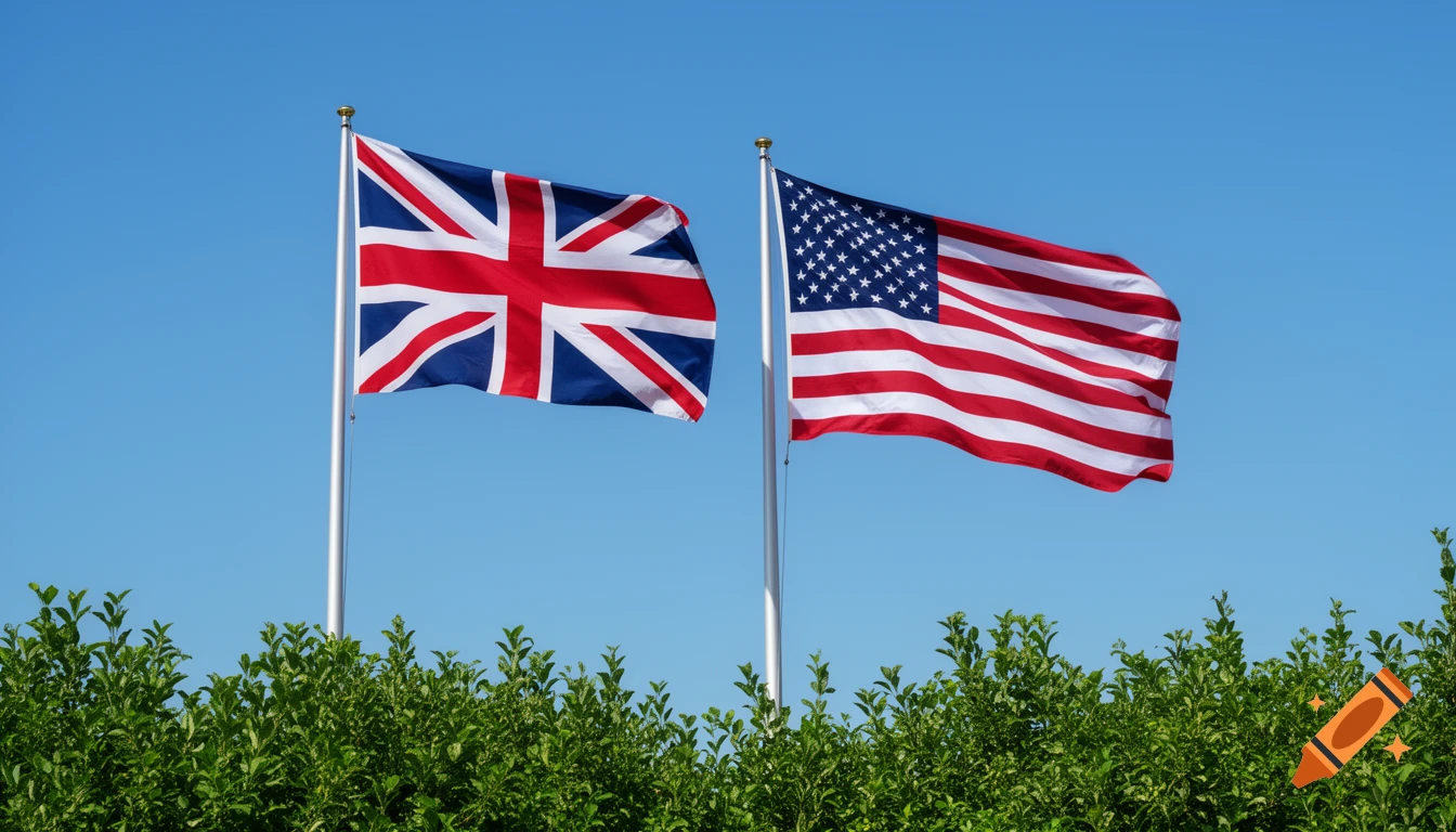 The Union Jack and the US flag wave side-by-side on flagpoles above green bushes against a clear blue sky.