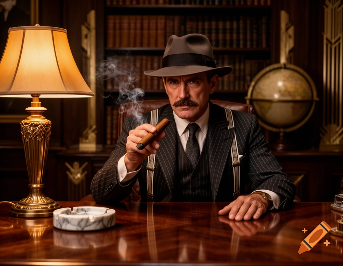 A stern man in a pinstripe suit and fedora sits at a wooden desk in a vintage office, holding a smoking cigar.
