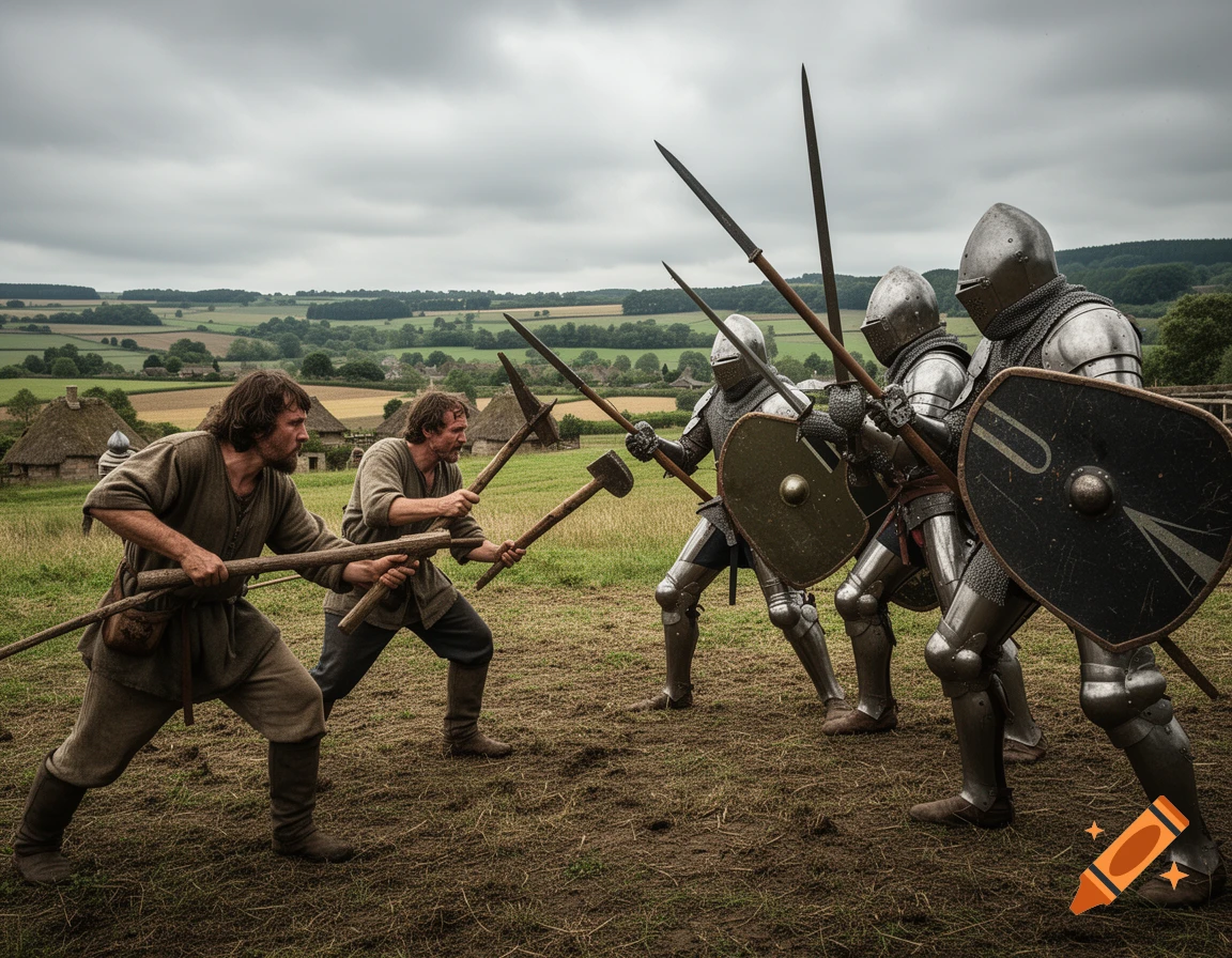 A photorealistic scene of two peasants with farming tools confronting three armored knights with spears and shields in a muddy field with thatched-roof houses.