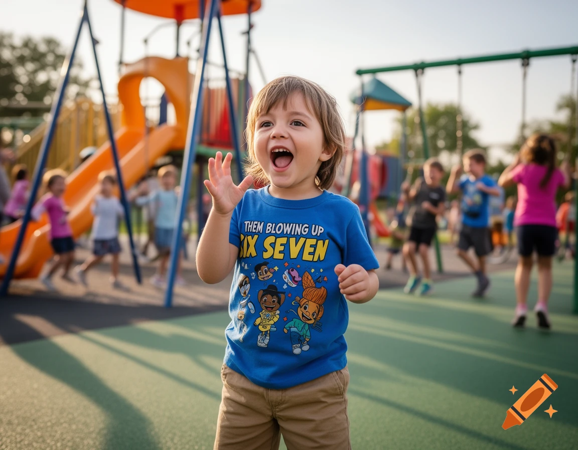 A smiling boy in a blue shirt with text and cartoon characters, standing in a sunny playground with other children playing in the background.