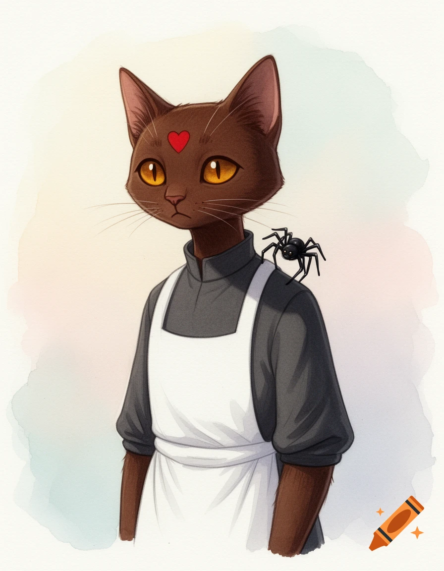 An illustration of a slim, brown anthropomorphic cat in a gray tunic and white apron, with a red heart on its forehead and a spider on its shoulder.