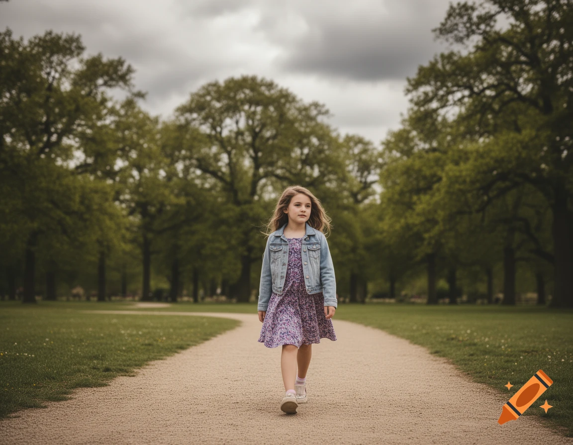 A young girl in a denim jacket and floral dress walks on a park path lined with trees under a cloudy sky.