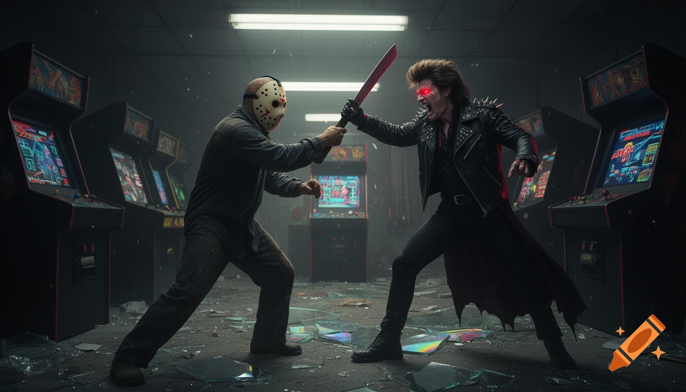 Jason Voorhees fighting an 80s vampire with glowing red eyes and a bloody machete in a broken-down arcade, surrounded by shattered glass.