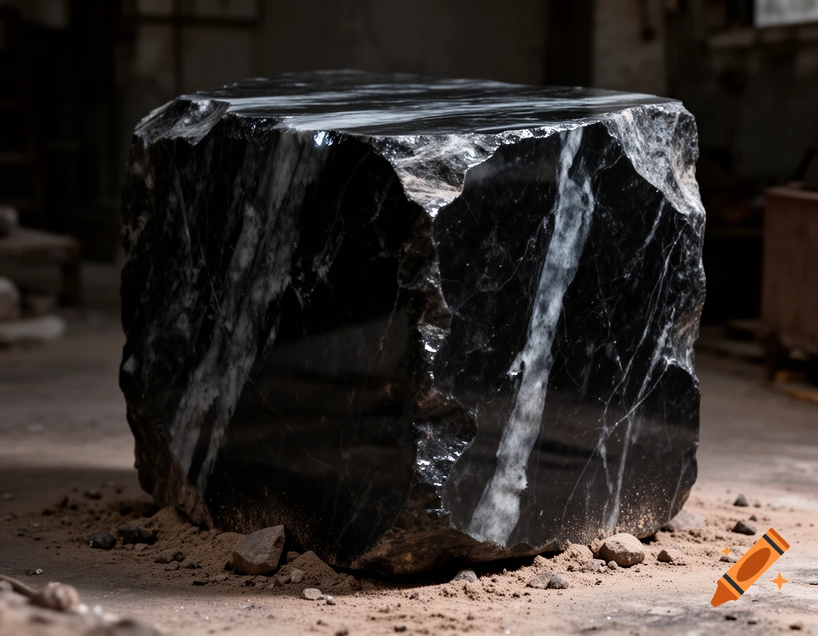 A large, dark marble block with white veins sits on a dirt floor in a dimly lit industrial space.
