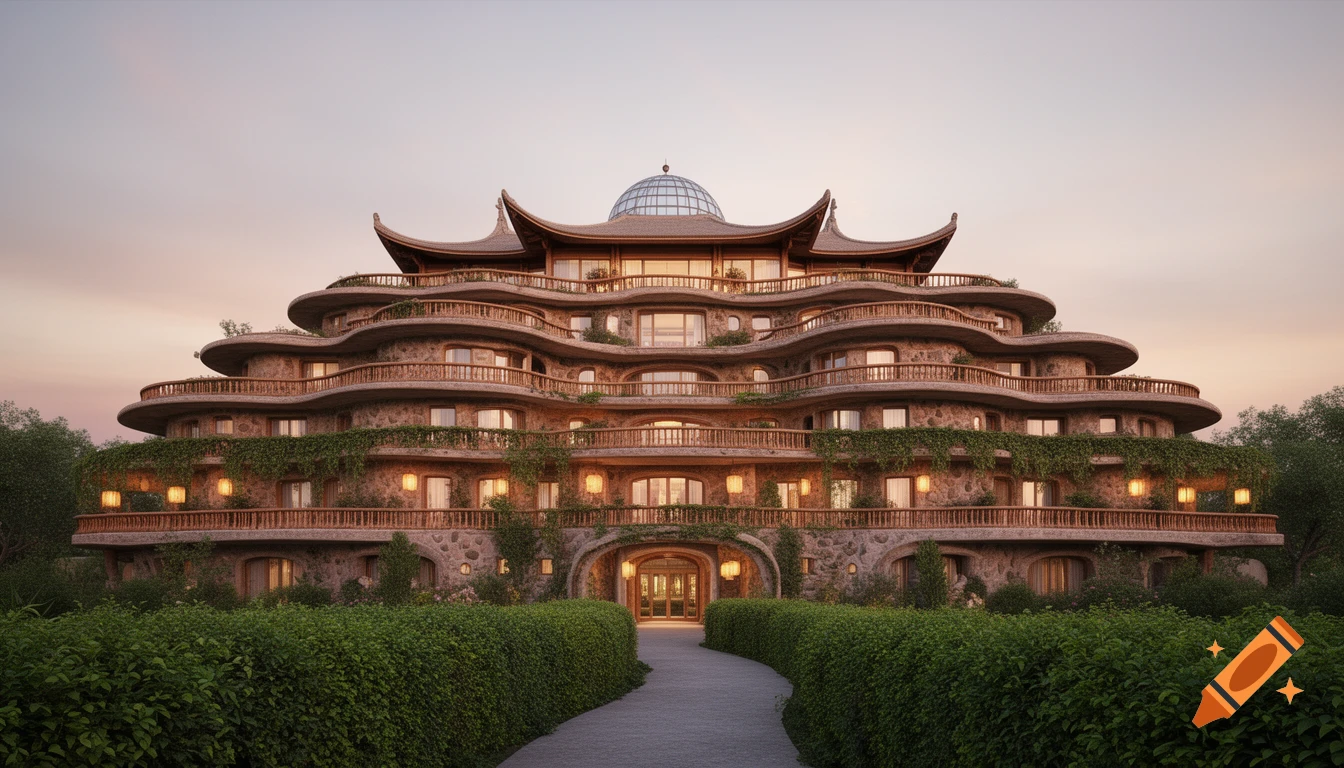 A multi-level, wave-shaped hotel with stone and wood balconies, ivy, glowing lanterns, and Asian-style roofs at sunset, a path leading to the entrance.