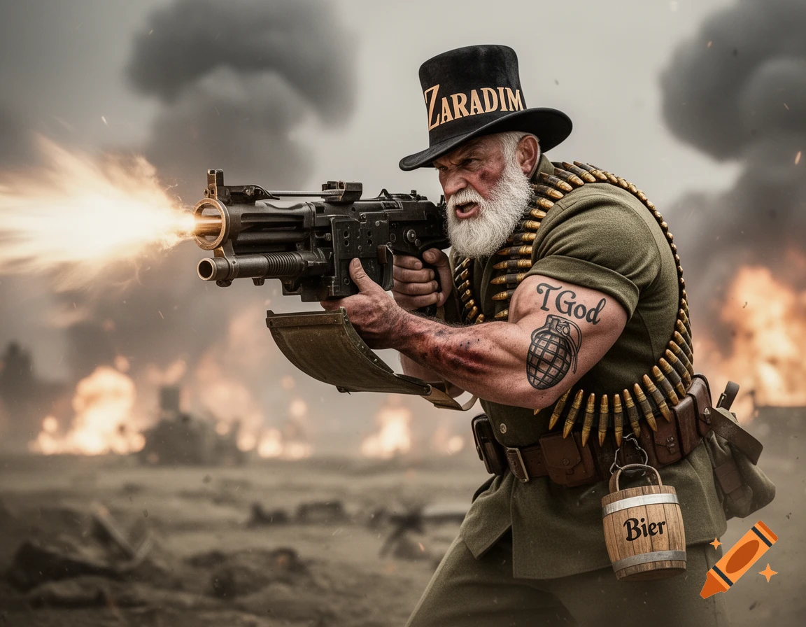 A bearded warrior in military attire and a top hat fires a large machine gun on an explosive battlefield.