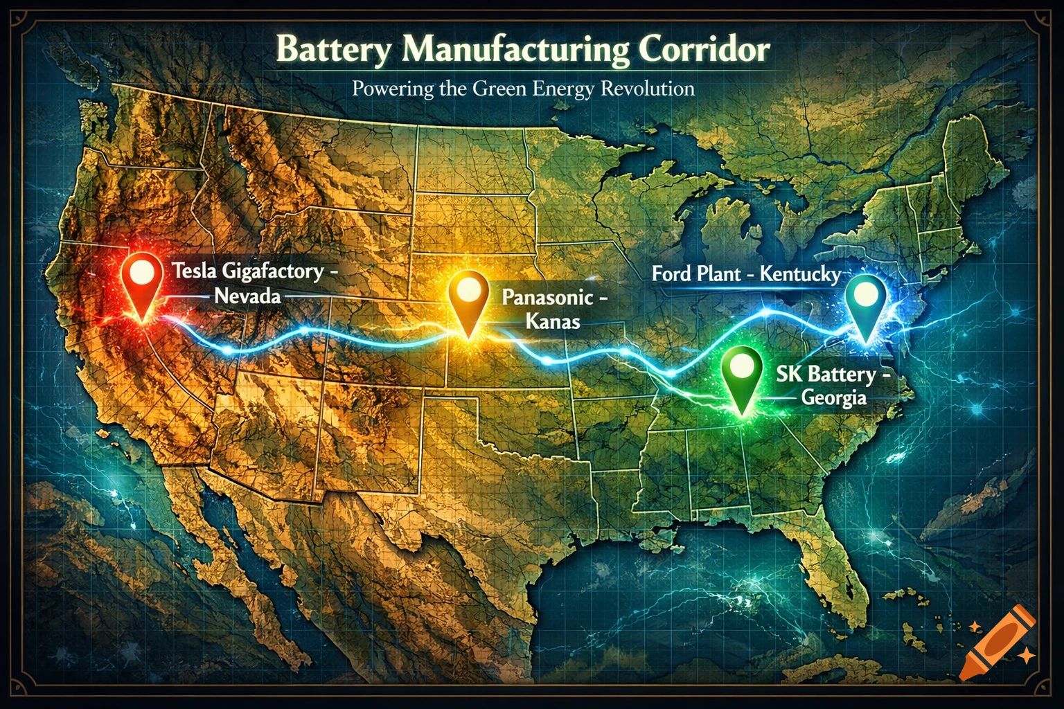 Stylized US map showing a battery manufacturing corridor with pins for Tesla Nevada, Panasonic Kansas, Ford Kentucky, and SK Battery Georgia, connected by glowing lines.