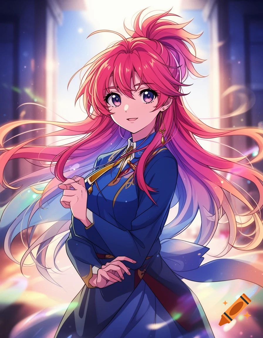 An anime girl with long, flowing pink hair and purple eyes, wearing a ...