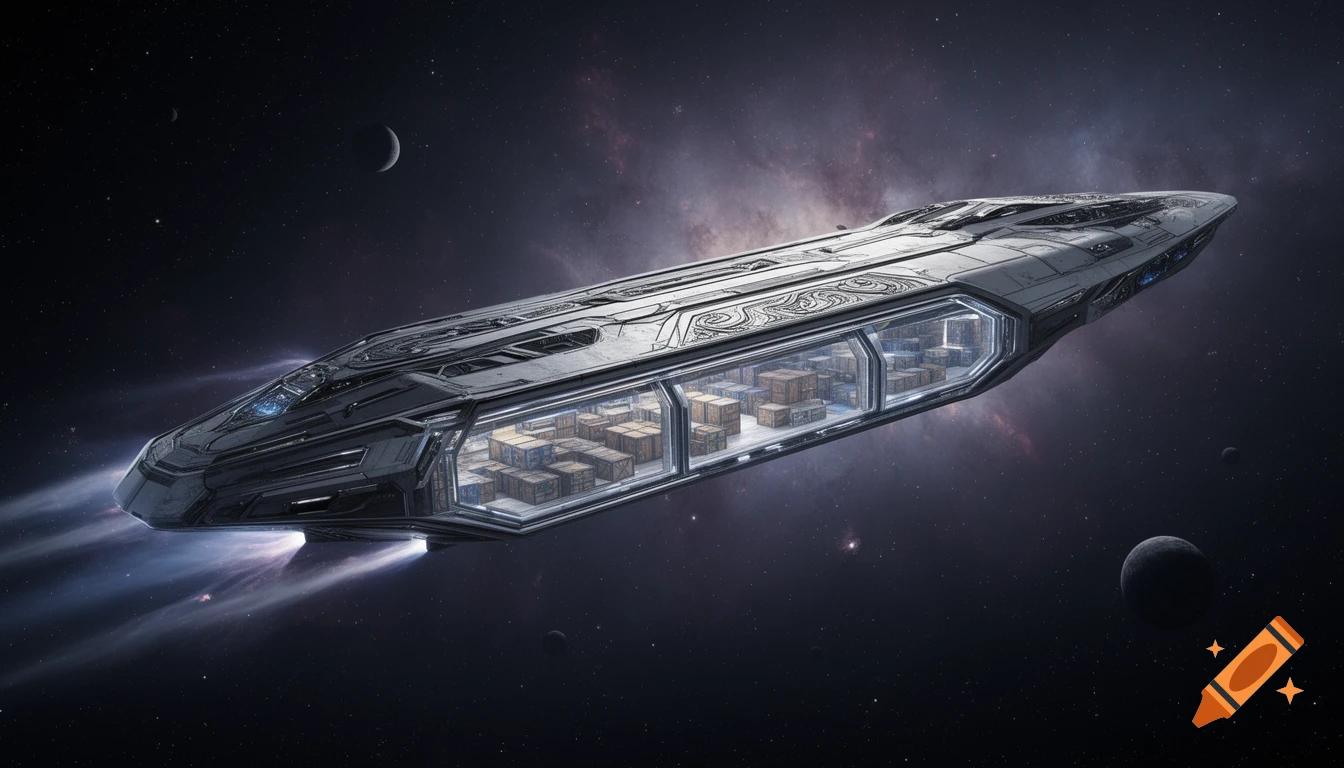 Photorealistic sci-fi spaceship with a transparent cargo hold full of crates, flying through deep space with planets and stars.