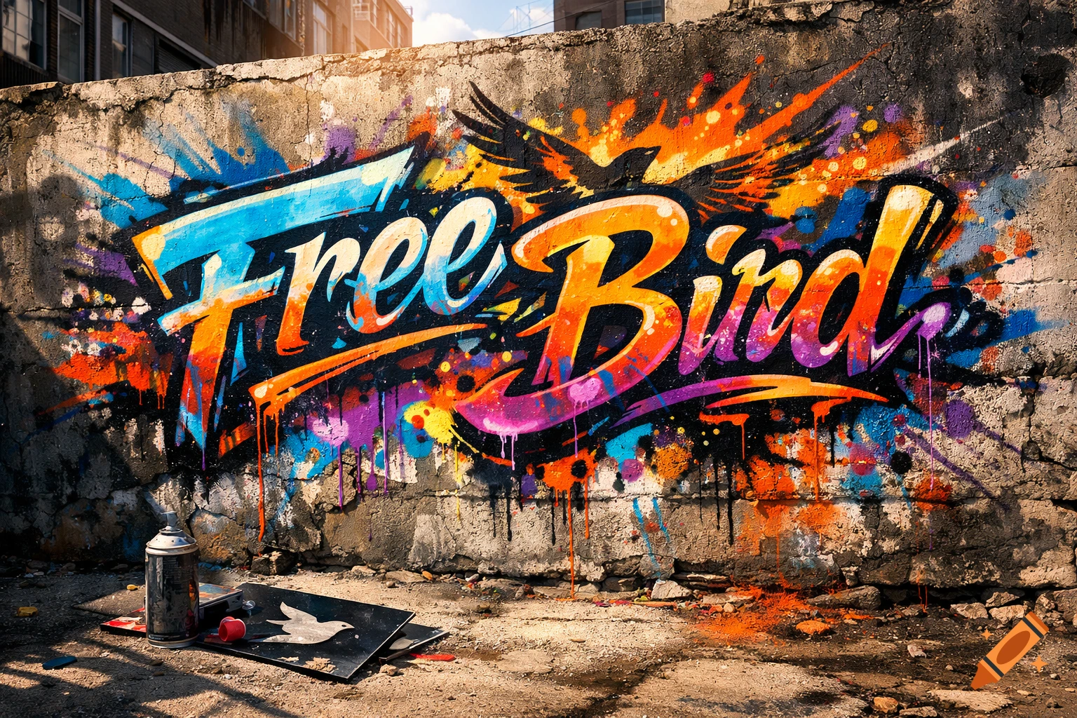 Colorful graffiti art on a weathered concrete wall spells 'Free Bird,' with a spray can and bird stencil on the ground.