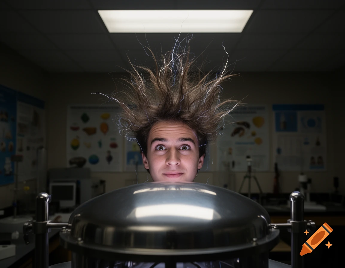 A young person with hair standing on end from static electricity generated by a Van de Graaff machine in a laboratory. Photorealistic.