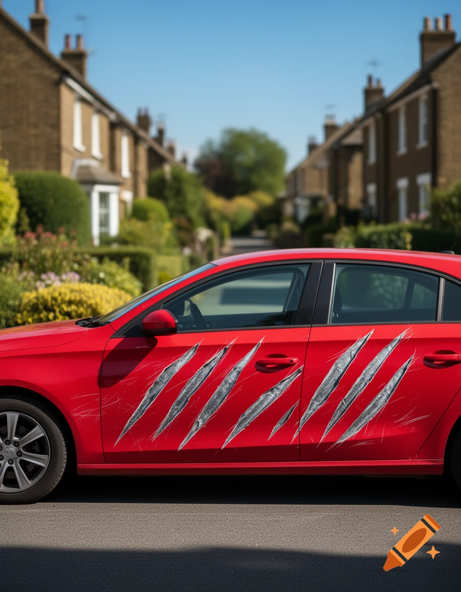 A red car with large grey stylized scratch marks along its side, parked on a paved road in a residential neighborhood.