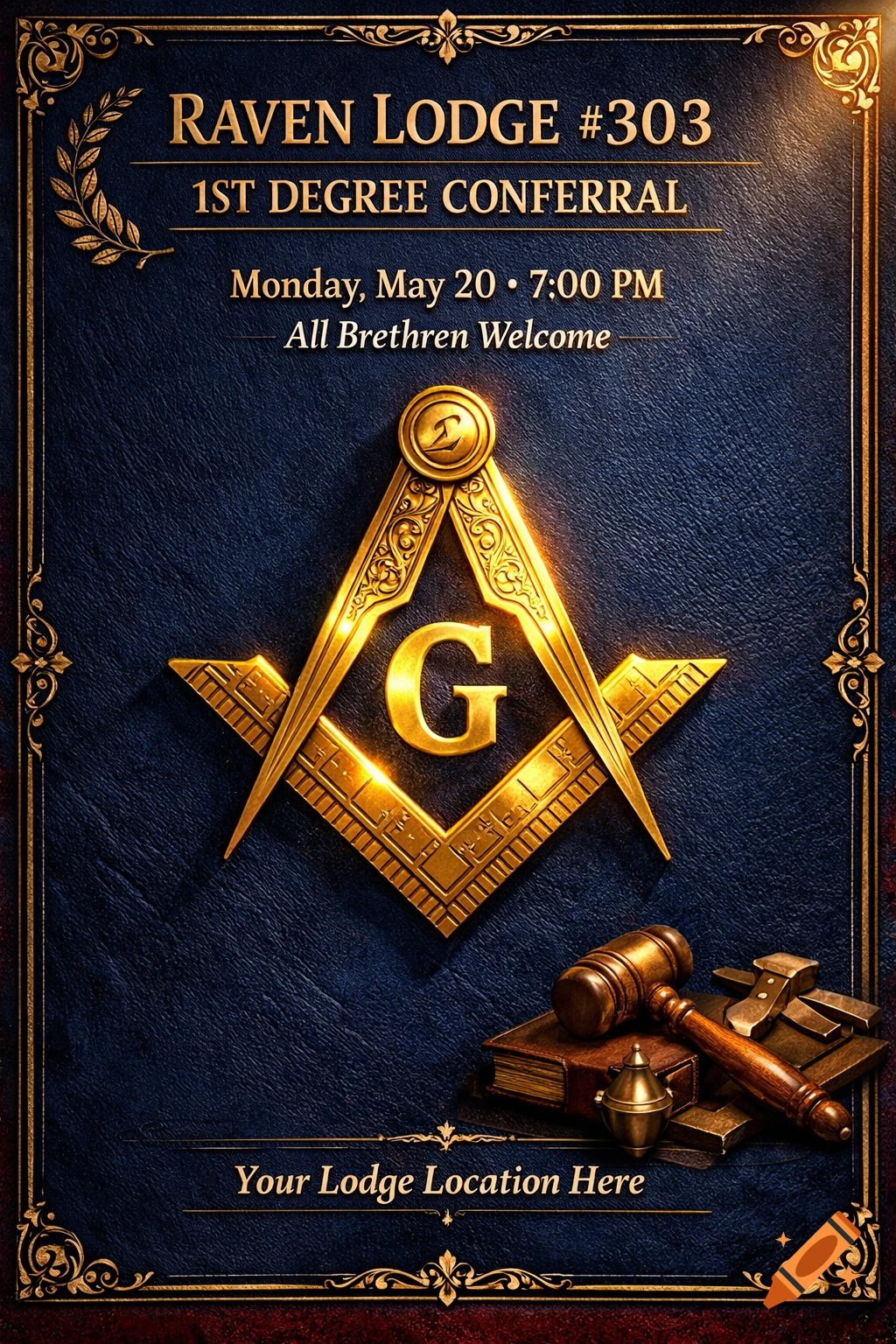 A dignified Masonic ceremony poster with a glowing gold Square and Compasses emblem, ceremonial tools, and event details on a deep navy velvet background.