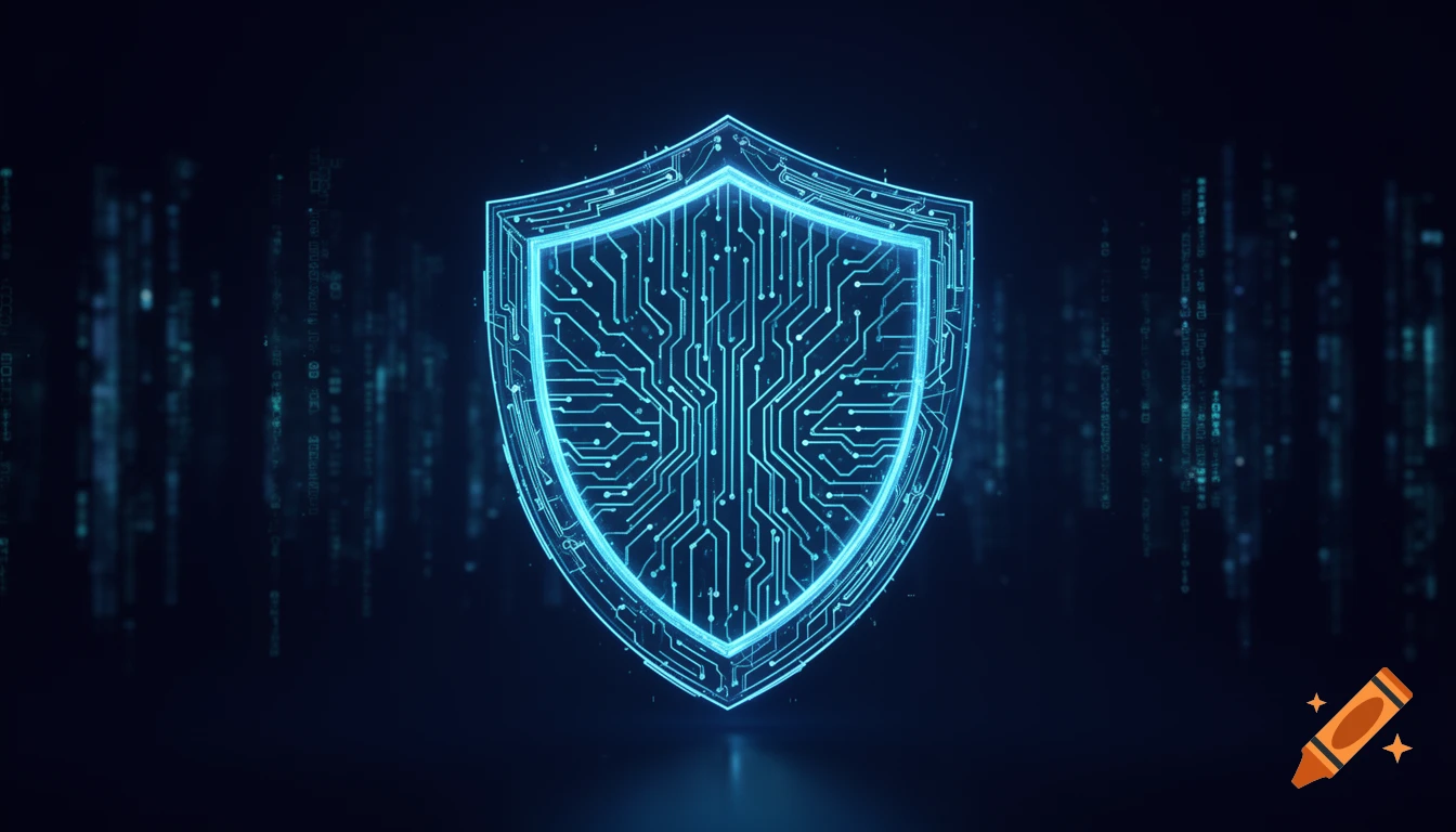 A glowing blue circuit board shield on a dark background with digital data streams, representing cybersecurity.