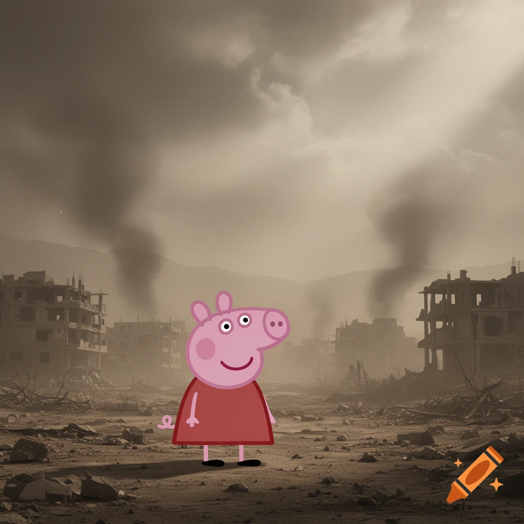 Peppa Pig, a pink cartoon character, stands smiling in the rubble of a war-torn city under a smoky, overcast sky.