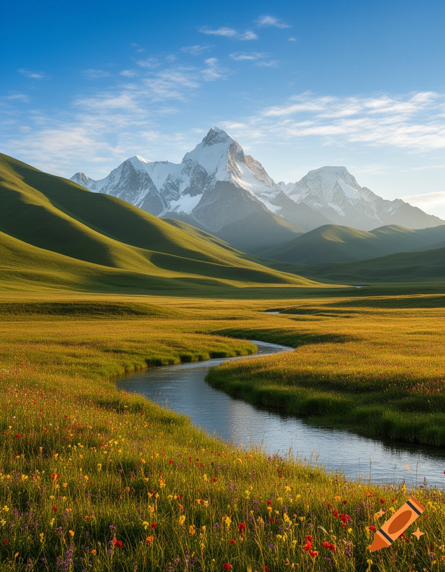 Photorealistic mountain landscape with a winding river, green rolling hills, and a meadow filled with colorful wildflowers under a blue sky.
