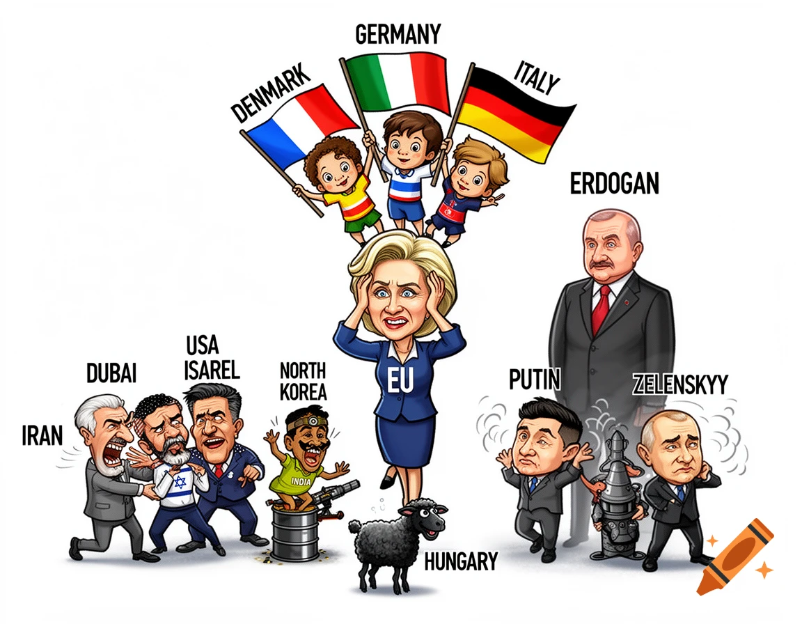 Political caricature showing Ursula von der Leyen, world leaders, and countries like Denmark, Germany, Italy, Hungary, Iran, Dubai, USA, Israel, North Korea, India, Putin, Zelenskyy, and Erdogan.