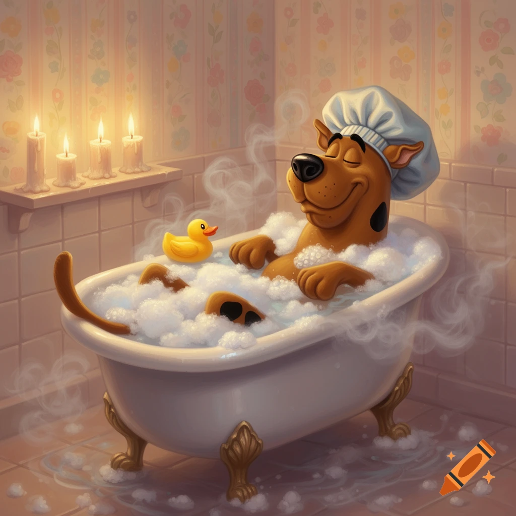 Scooby-Doo happily soaking in a bubble bath with a rubber duck and ...