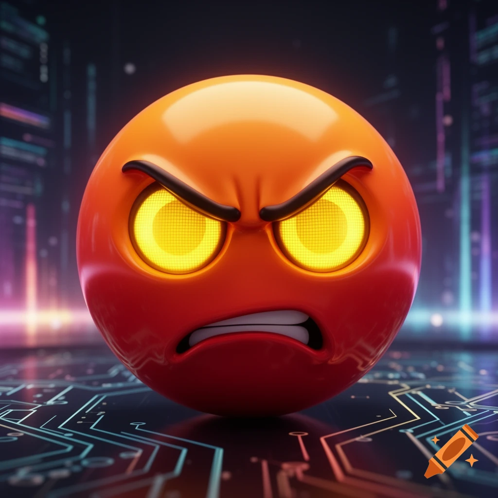 A red and orange angry emoji with glowing yellow eyes and gritted teeth, rendered in 3D digital art on a circuit board.