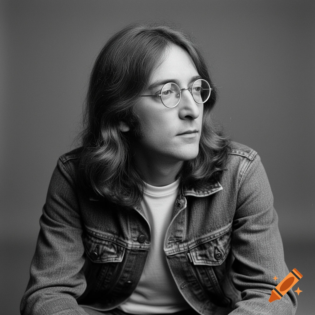 Black and white portrait resembling John Lennon with long hair and round glasses, wearing a denim jacket.