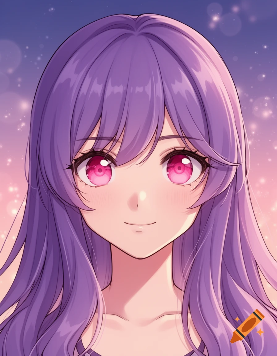 Anime portrait of a smiling girl with long purple hair and large pink eyes, set against a sparkling pink and blue background.
