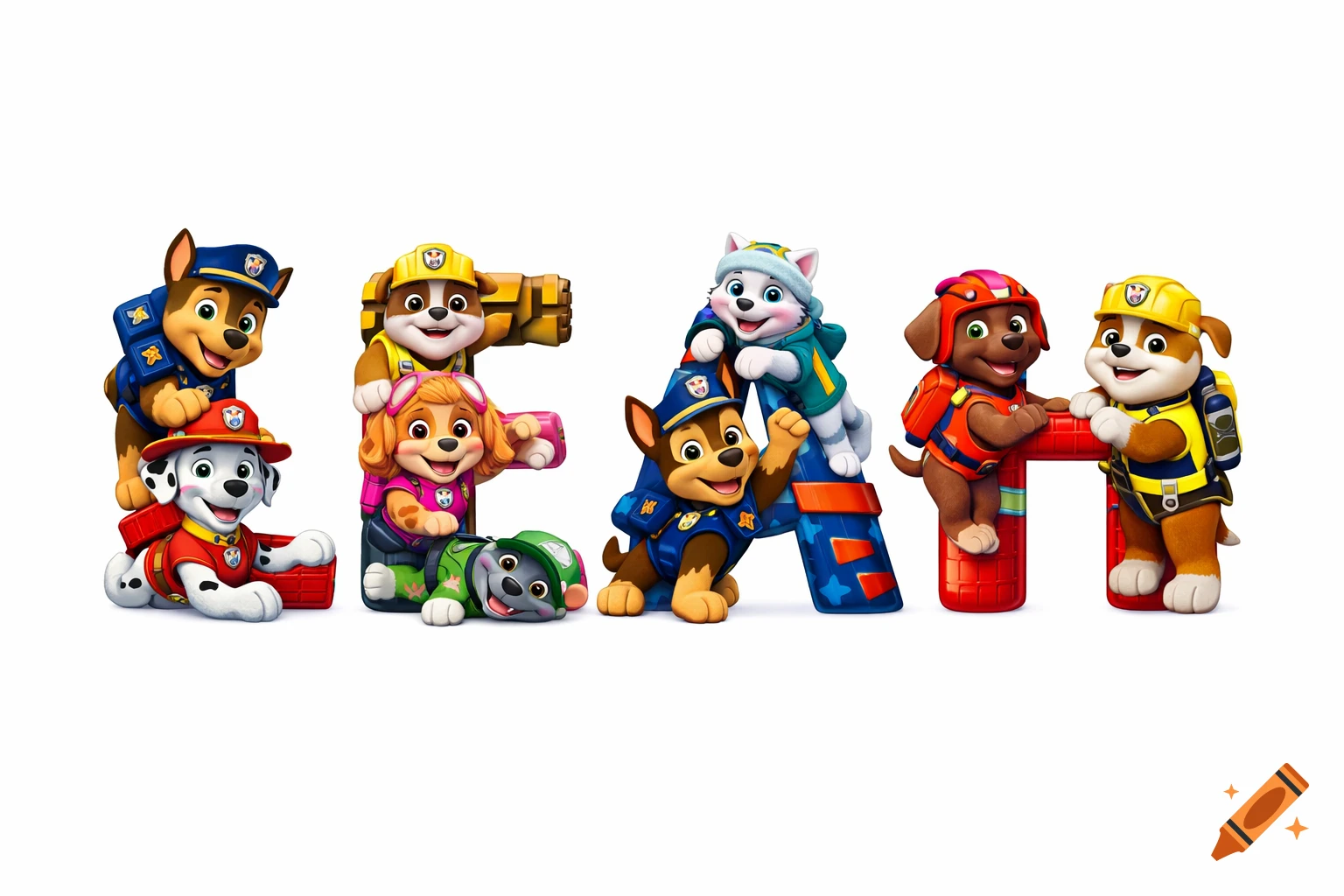 Paw Patrol characters forming the letters LEAH against a white background.