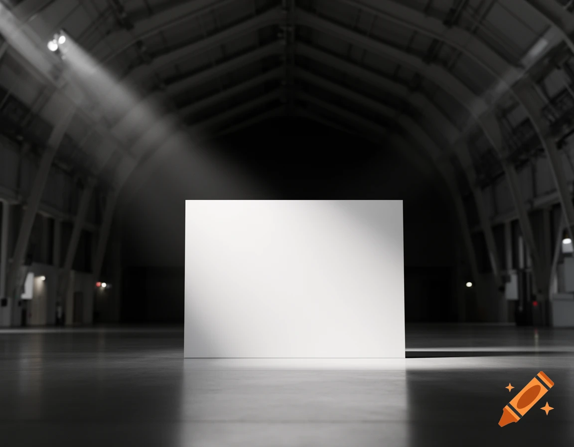 A minimalist scene of a white wall illuminated by a spotlight in a vast, dark, empty indoor hall with an arched ceiling.