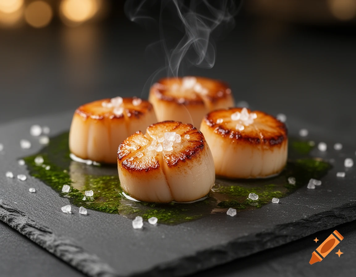 Four seared scallops with sea salt and green sauce, steaming on a black slate, in a close-up shot.