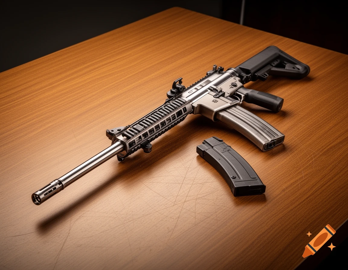 A modern rifle with a detached magazine resting on a wooden table, photorealistic.