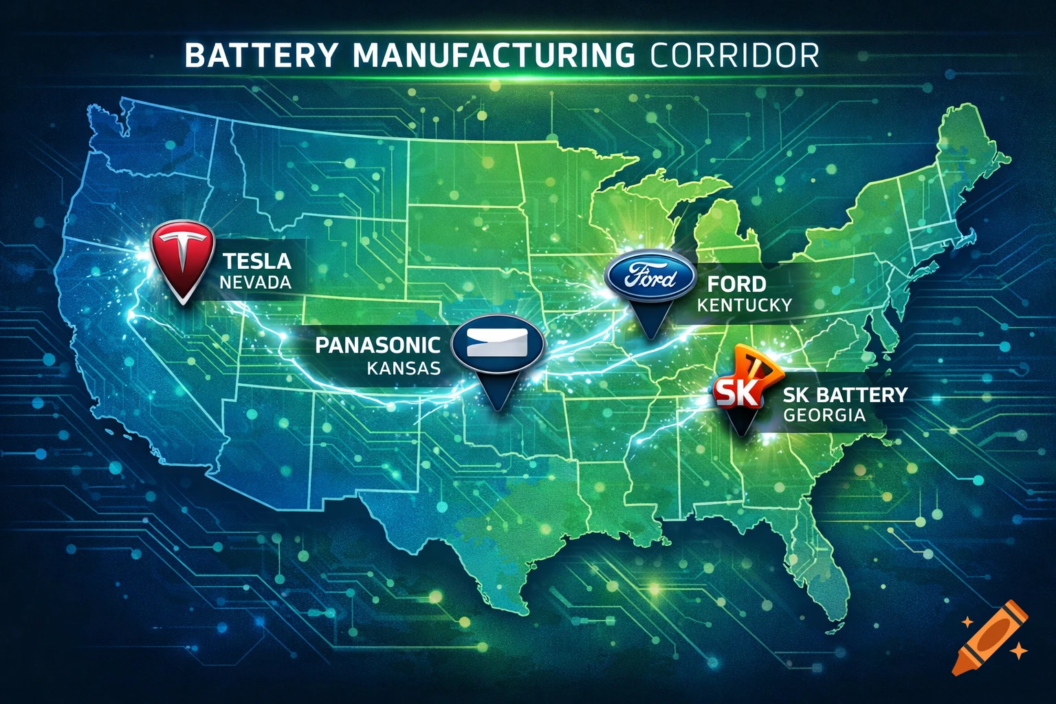 US map infographic of battery manufacturing corridor. Locations: Tesla Nevada, Panasonic Kansas, Ford Kentucky, SK Battery Georgia.
