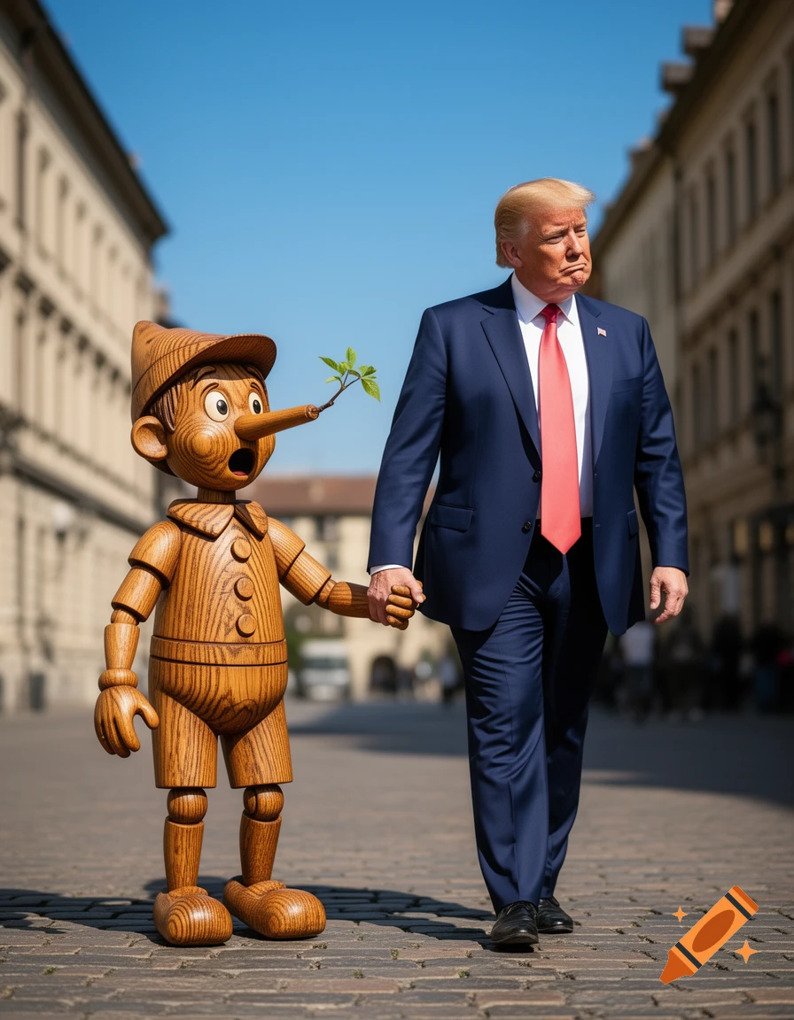 Donald Trump walks hand-in-hand with a wooden Pinocchio, whose long nose has a small leaf, on a sunny cobblestone street.