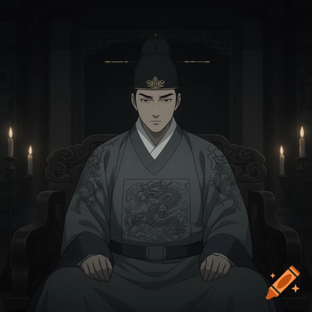 Anime style portrait of a Korean Joseon king in a dark palace, sitting on a throne under candlelight.