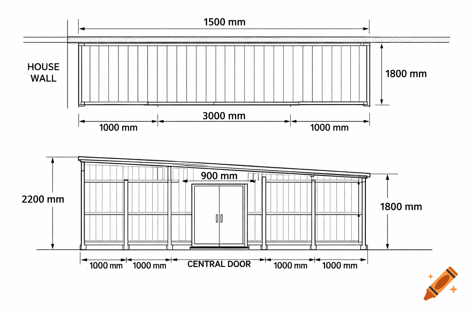Technical drawing of a shed with labeled dimensions, showing top and side views in a blueprint style.