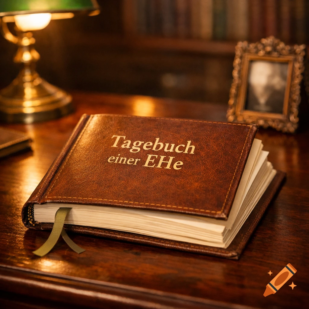 A brown leather-bound book titled "Tagebuch einer EHe" sits on a polished wooden desk, with a desk lamp and framed picture in the background.