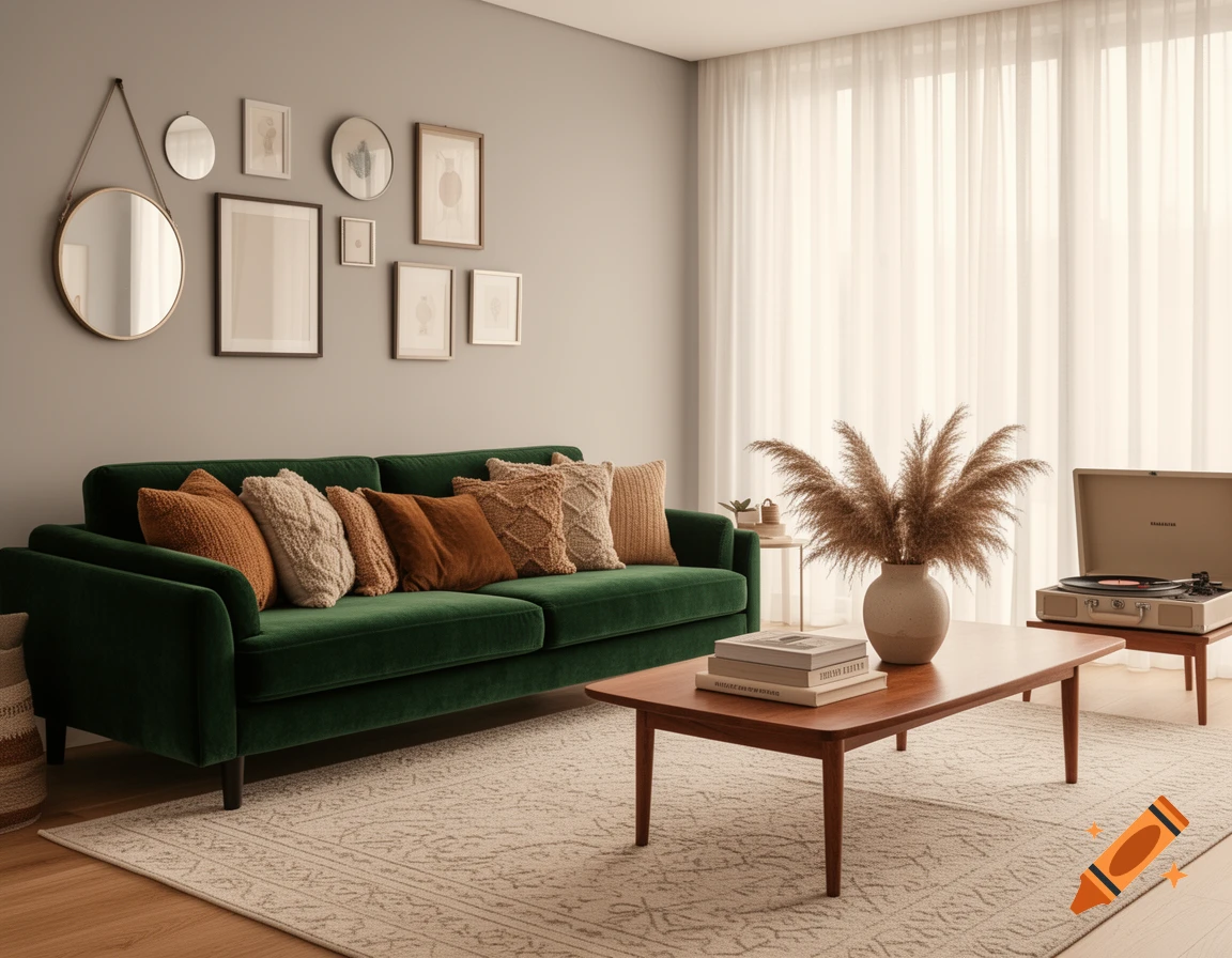 A modern living room with a green velvet sofa, wooden coffee table, pampas grass, and framed art on a gray wall.
