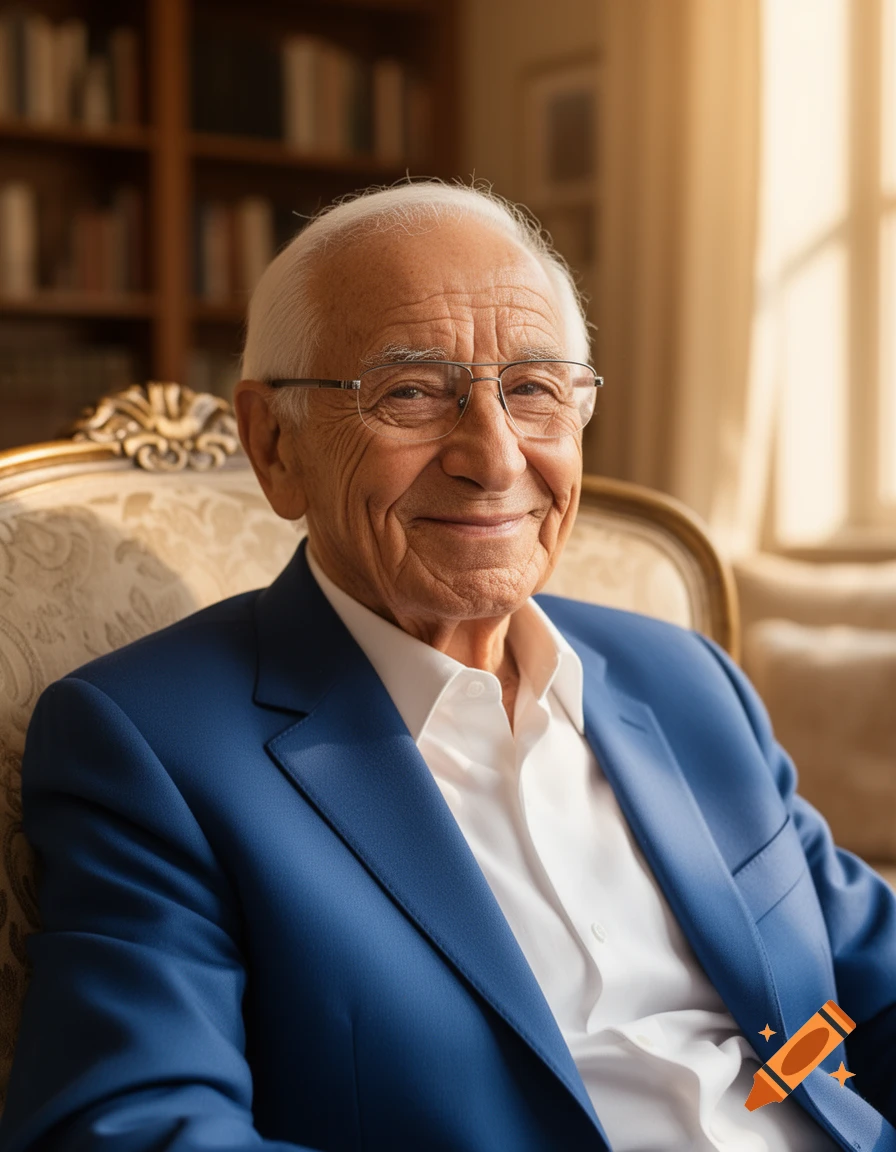 A smiling elderly man in a blue suit and glasses sits in an ornate chair in a warm, sunlit room.