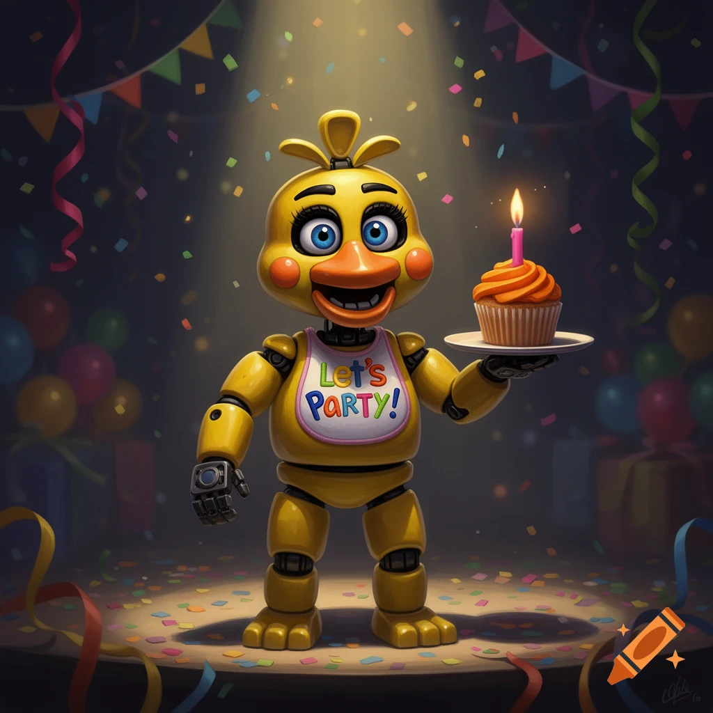 A yellow animatronic chicken character, Toy Chica, stands under a spotlight in a party scene with confetti and balloons, holding a cupcake with a lit candle and wearing a bib that says "Let's PARTY!"